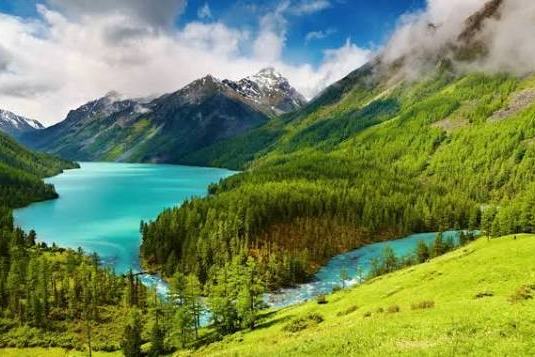 Lago de montaña rodeado de bosque y laderas verdes